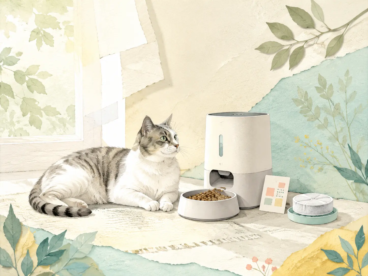 自動給餌器と交換部品を確かめる猫の編集イラスト