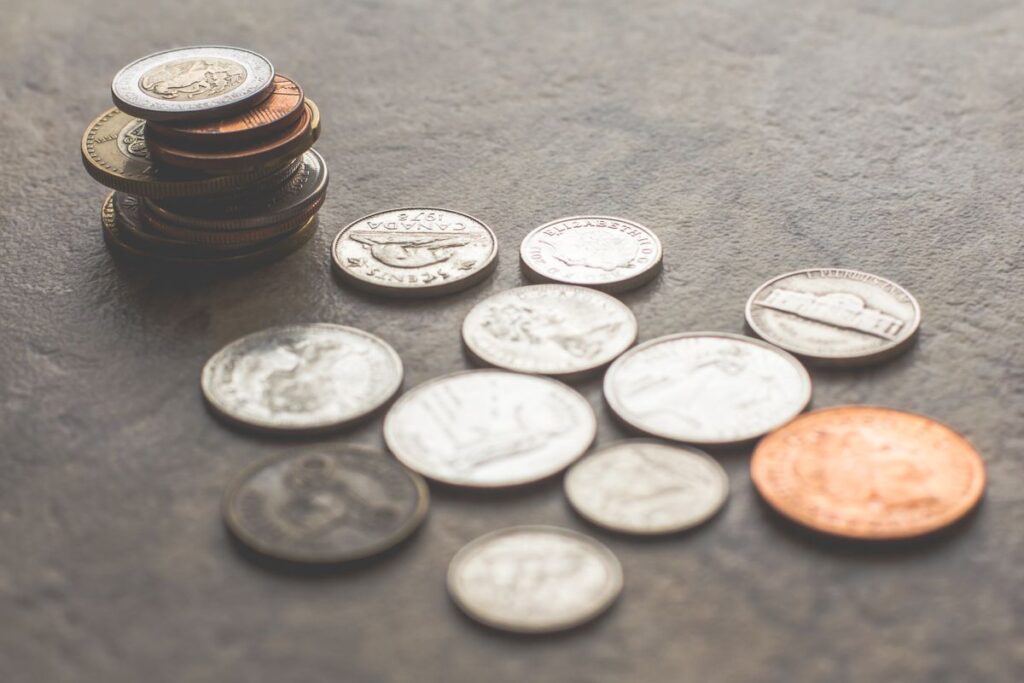 積み重ねられた硬貨。ペットシーツの年間費用は毎日の枚数から決まる